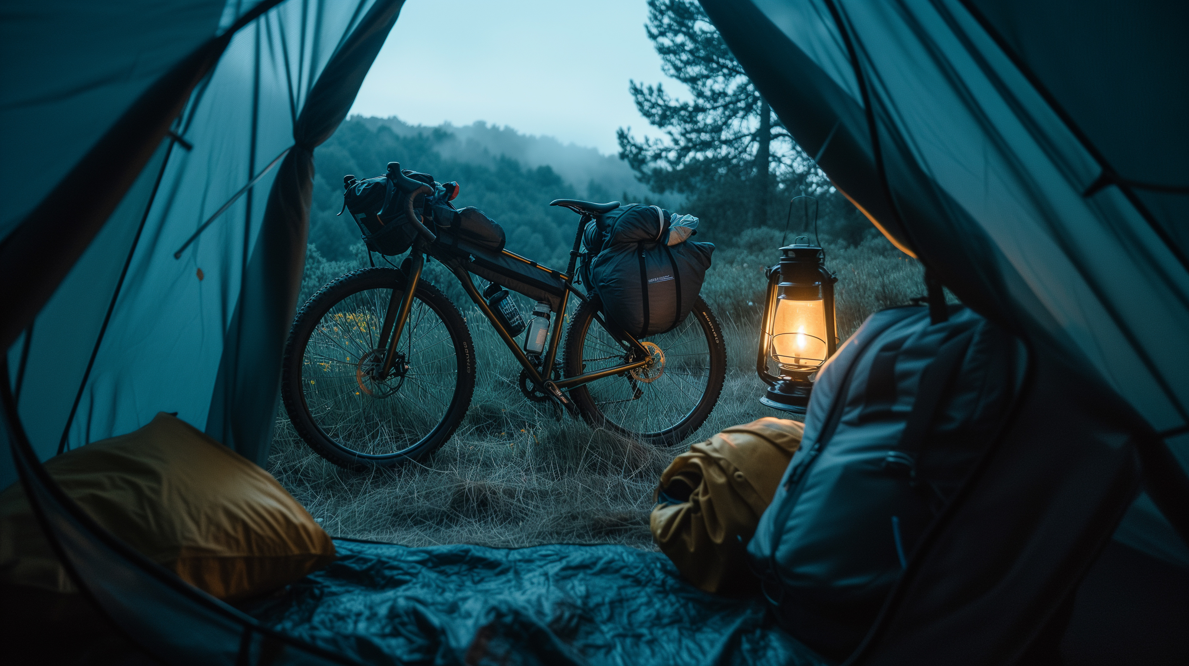 bikers seated around a campfire, studying a map in the fading natural light of dusk