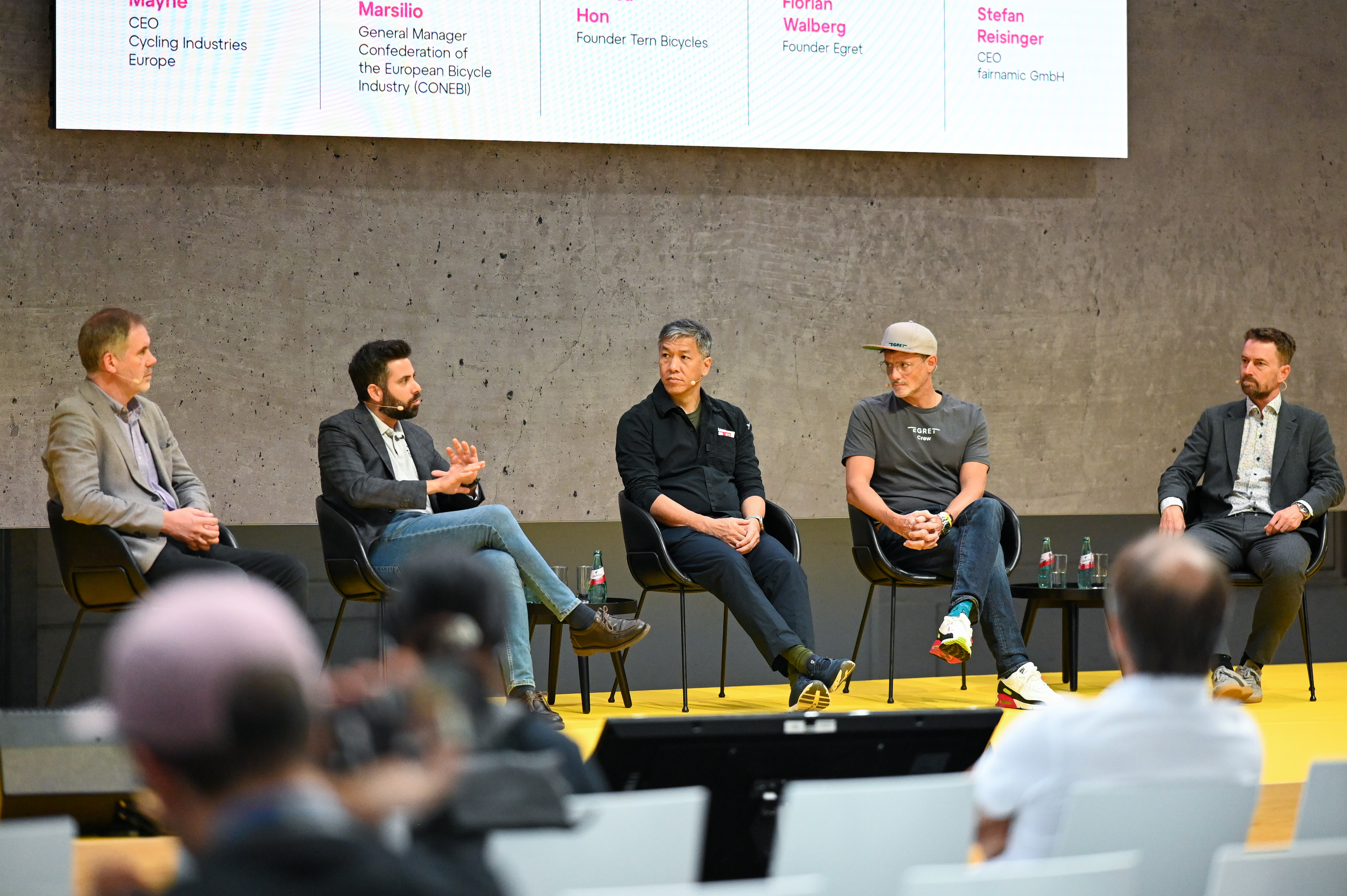 Halle 8: Yellow Stage - Wirtschaftspressekonferenz 2024, Kevin Mayne CEO Cycling Industries Europe, Manuel Marsilio General Manager Confederation of the Europen Bicycle industry ( CONEBI), Joshua Hon , Fonuder Tern Bicycles, Florian Walberg , Founder Egret, Stefan Reisinger CEO fairnamic GmbH